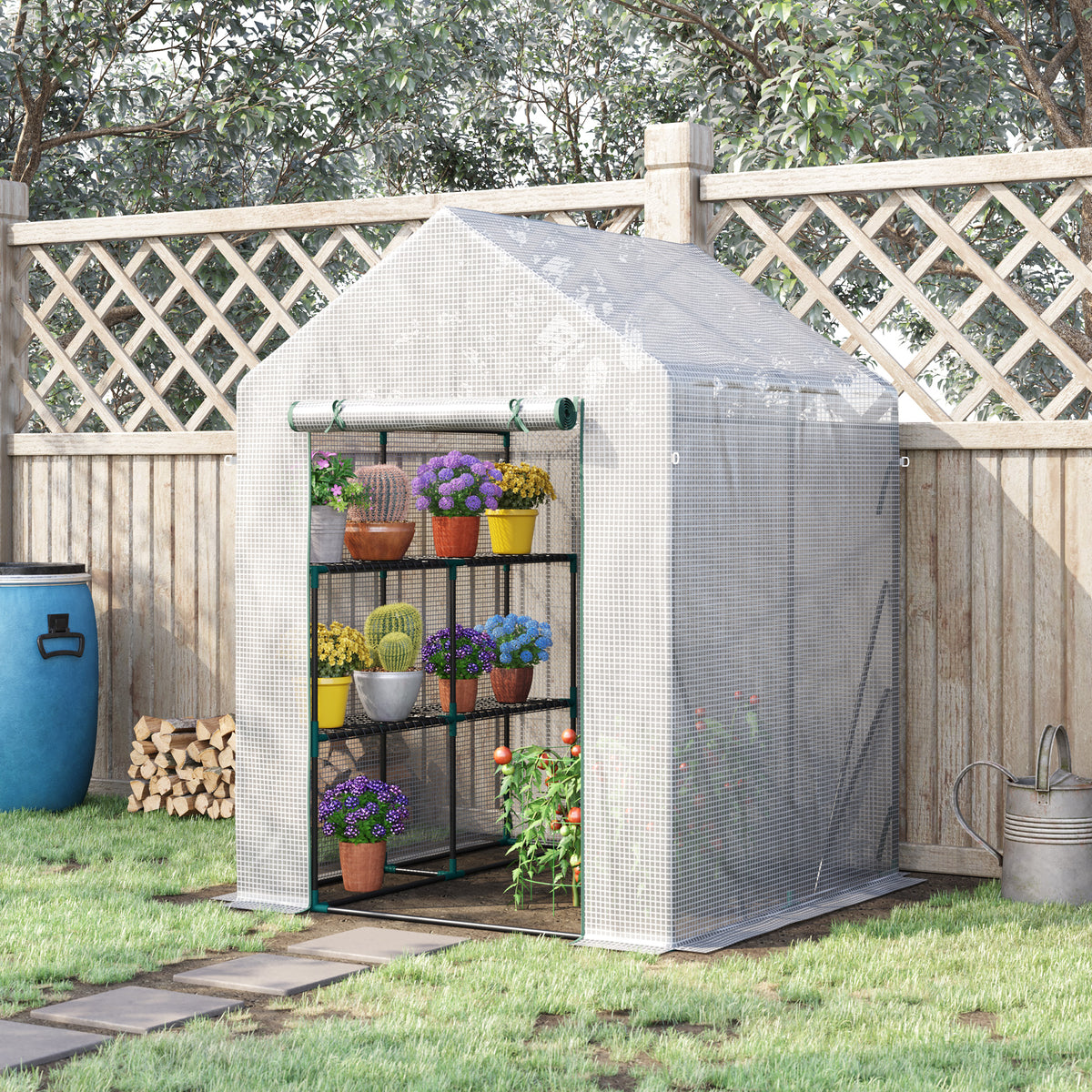 Walk In Greenhouse with 2 Tier Shelf, Portable Gardening Plant Grow House Tomato Greenhouse with Roll up Zip Panel Door, Reinforced PE Cover, 143 x 143 x 195cm, Green