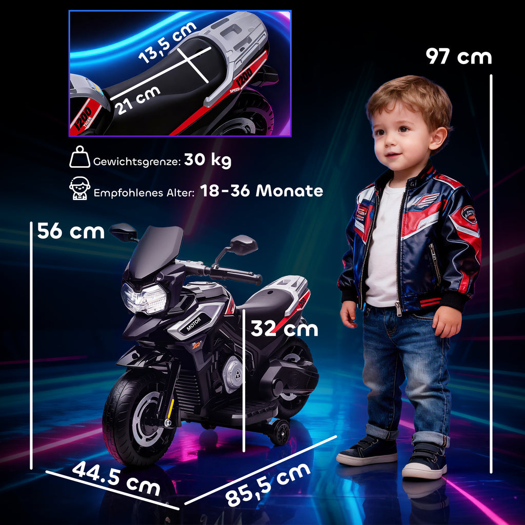 Elektro-Motorrad f¨¹r Kinder von 18-36 Monaten, Aufsitz-Fahrzeug, Hilfsr?der, Lichter, Musik, Kunststoff, Stahl, Schwarz