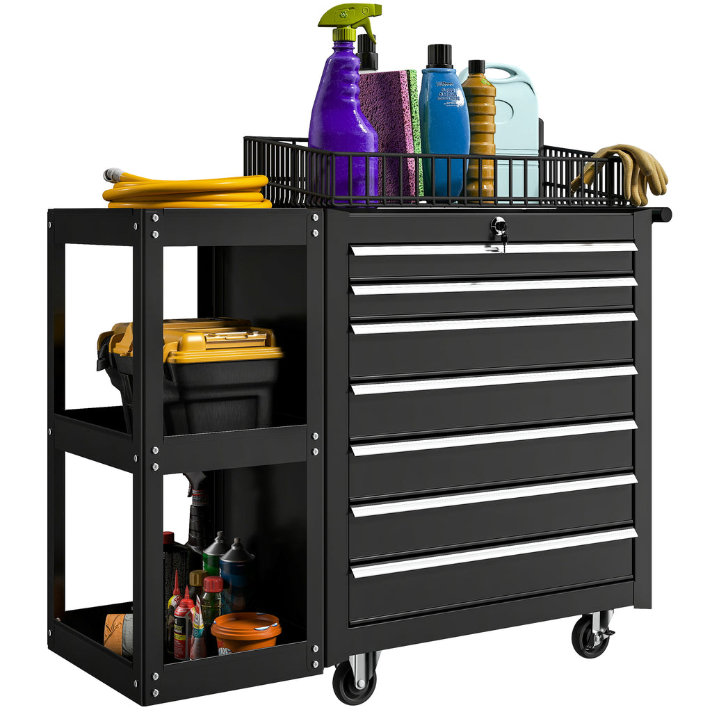 Lockable Steel Tool Chest on Wheels, 7 Drawer Tool Box with Handle for Workshop, Garage, Black