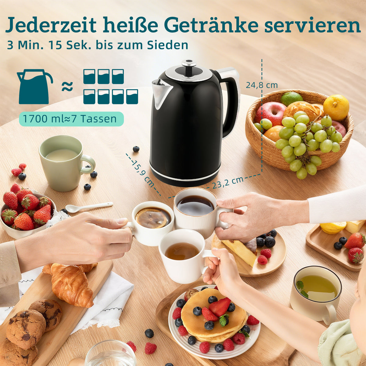Wasserkocher Toaster Set mit 2 Scheiben Toaster, Schwarz