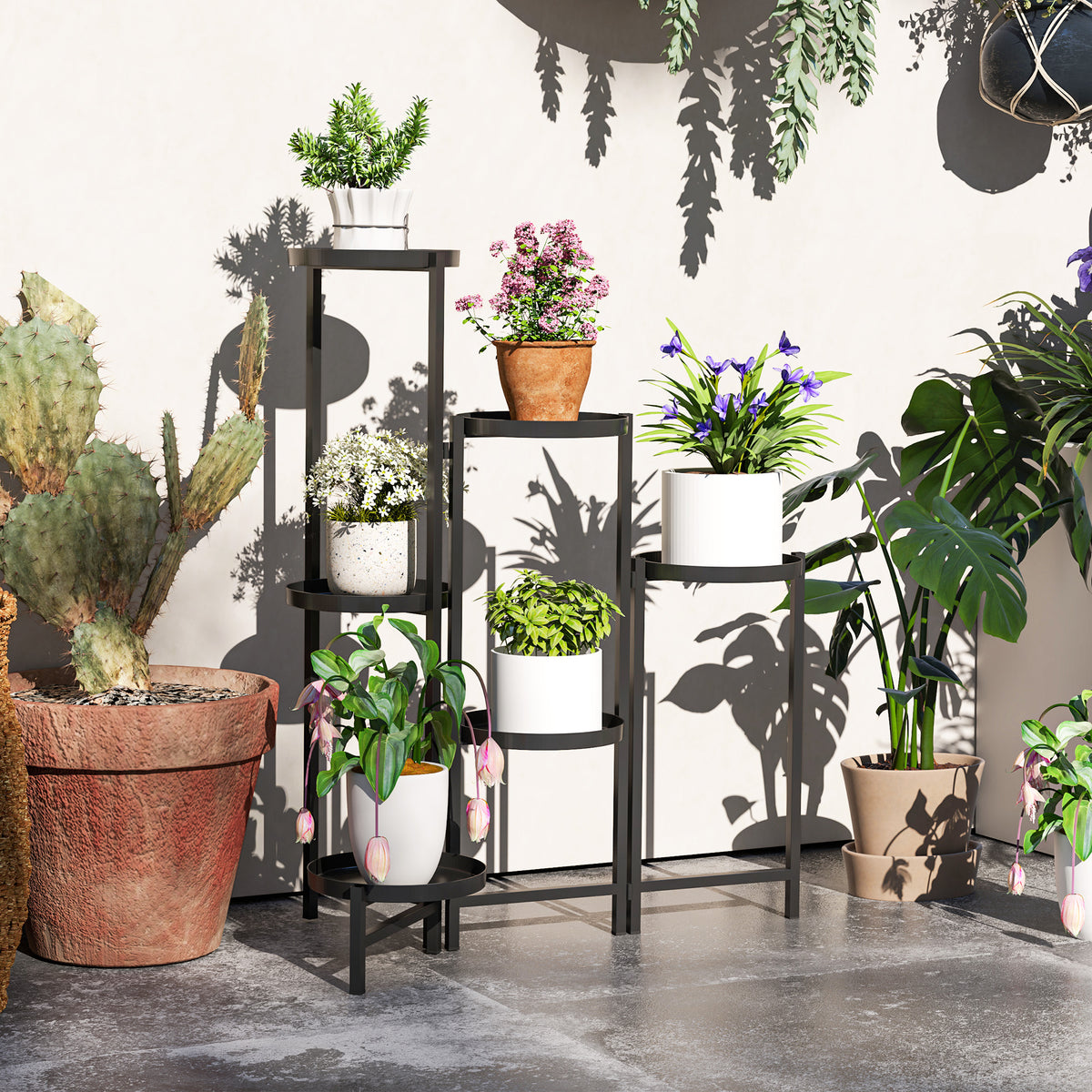 Blumentopfst?nder, Pflanzenst?nder mit 6 verstellbaren runden Ebenen, Eckst?nder f¨¹r Pflanzent?pfe, Metall, Schwarz