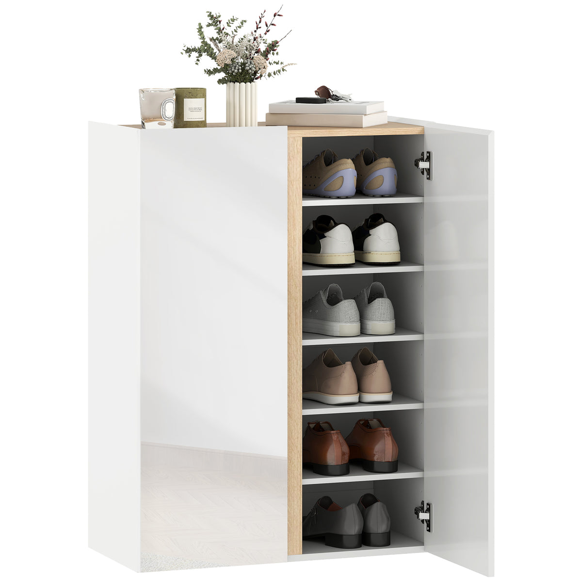Schuhschrank mit Soft-Close-Funktion, 6-stufiges Design ohne Griffe, fasst bis zu 18 Paare, f¨¹r Flur, Eingangsbereich, Holz, Wei?