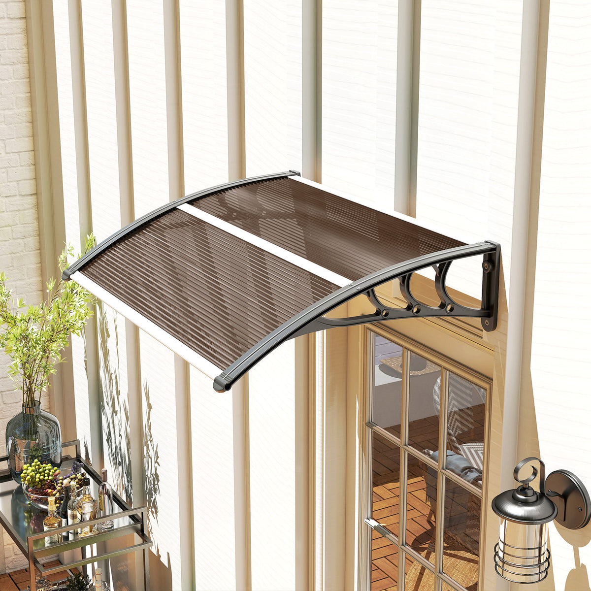 Front Door Canopy Outdoor Awning Aluminium Rigid Plastic Polycarbonate Rain Shelter UV Water Rain Resistant 100 x 75cm Brown