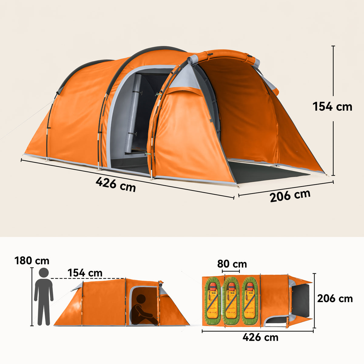 Tunnelzelt für 2 Personen, Campingzelt mit Vorraum Lampenhaken 2000mm Wassersäule Orange