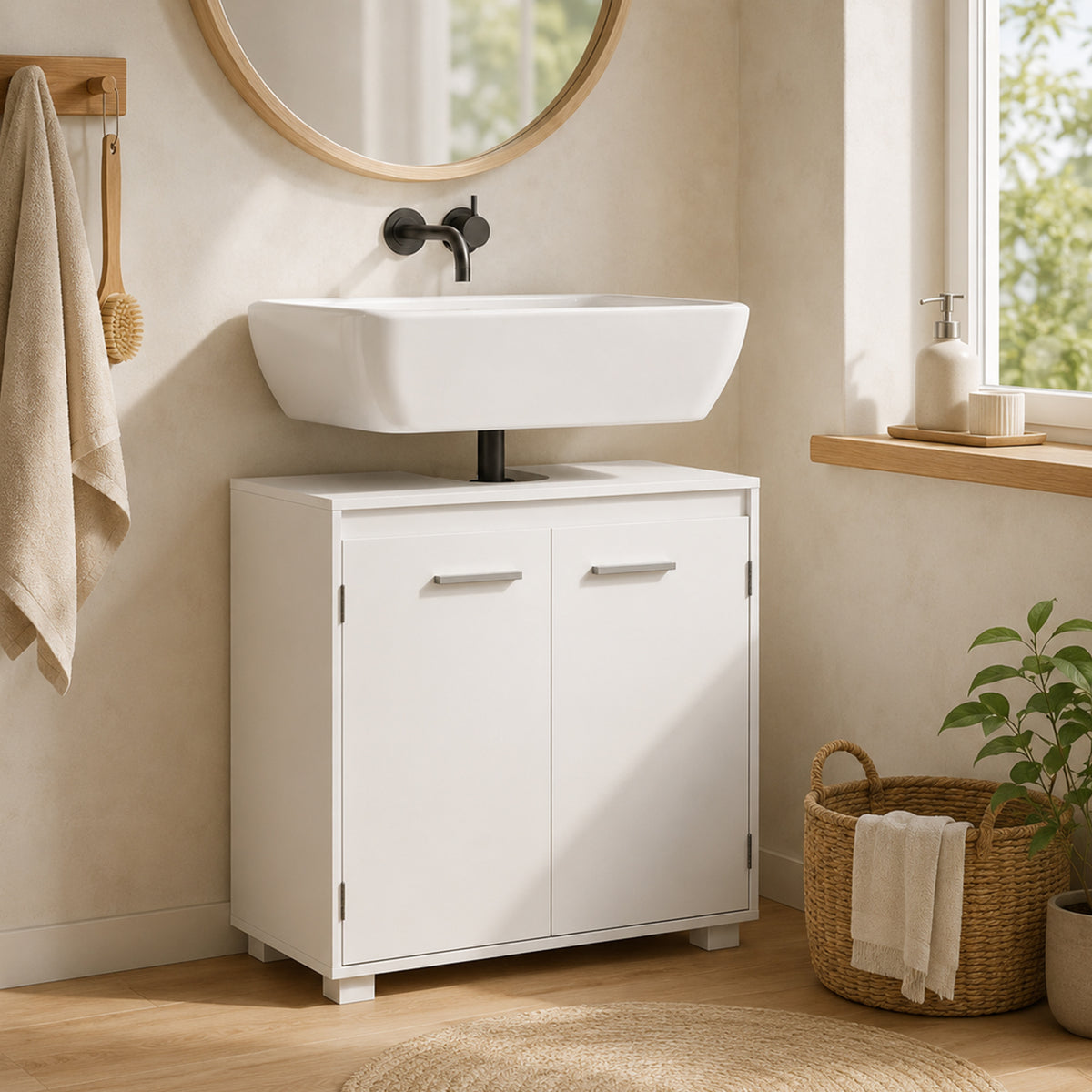 Waschbeckenunterschrank, Modernes freistehendes Badmöbel mit U-förmiger Aussparung, verstellbarem Regal, Weiß