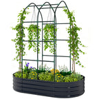 Galvanised Raised Garden Bed with Arched Trellis, 5 x 3 x 6ft Metal Raised Bed for Garden with Open Bottom, Dark Grey