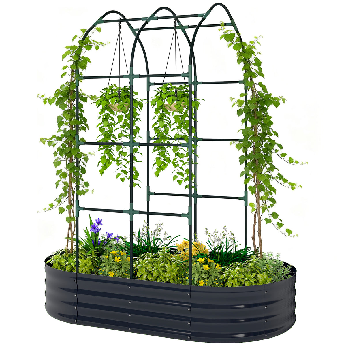 Galvanised Raised Garden Bed with Arched Trellis, 5 x 3 x 6ft Metal Raised Bed for Garden with Open Bottom, Dark Grey
