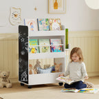 Kinder Bücherregal mit 4 Regalen, Bodenfach, 2 Seitenteile, Tafel, Rollen, für 3–8 Jahre, 66,5x32,5x86,5 cm Weiß