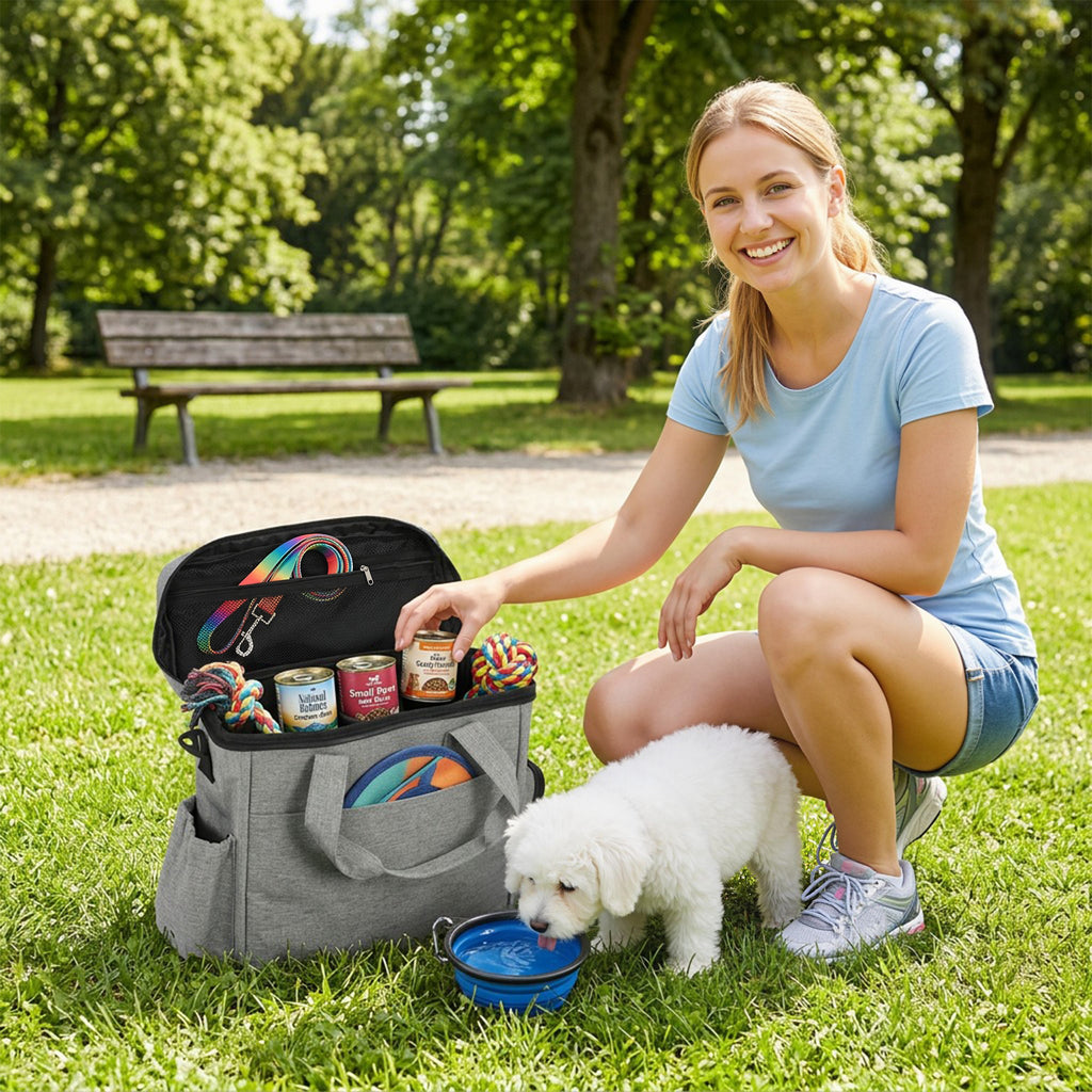 Dog Travel Bag, Waterproof Walking Bag with Multiple Pockets, Two Food Containers and Collapsible Bowl for Cat Puppy