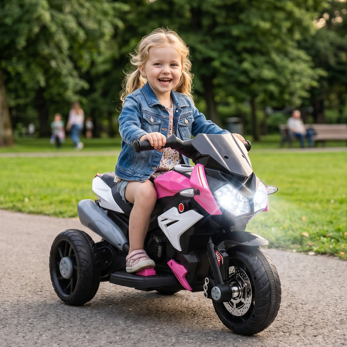 Elektro-Kindermotorrad, Lichter & Geräusche, 3 km/h, wiederaufladbar, Kunststoff & Metall, Rosa/Weiß