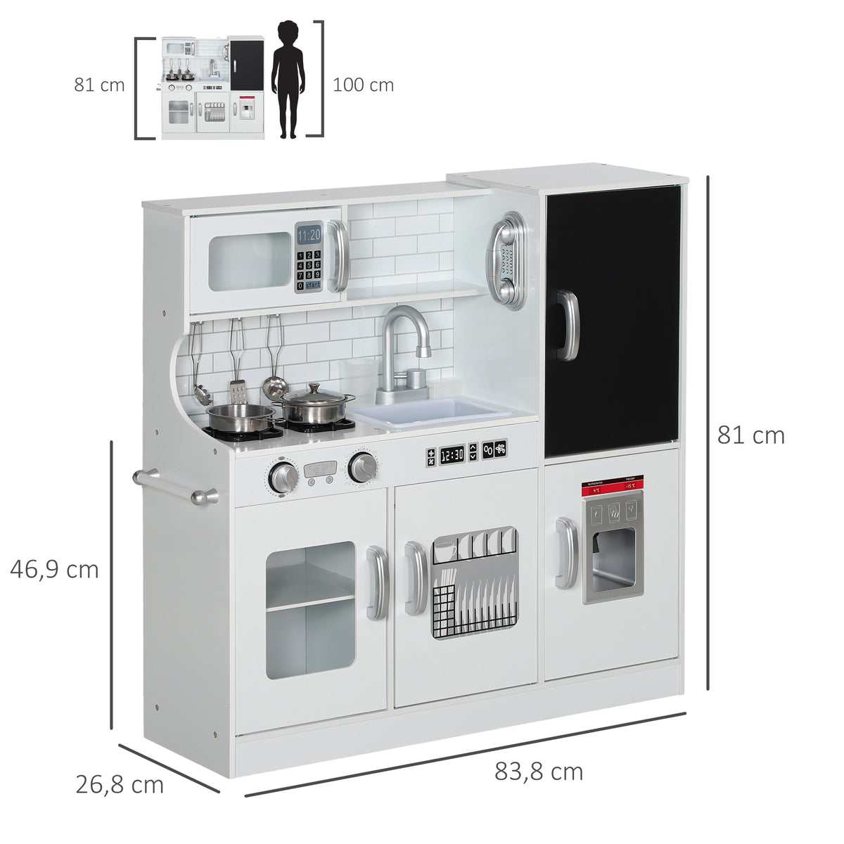Pretend Play Kitchen, Kids Kitchen Playset, with Toy Phone, Chalkboard, Microwave, Cooking Stove, Sink, White