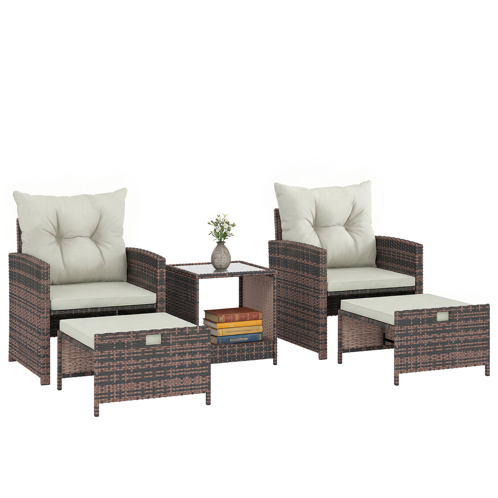 Rattan Gartenmöbel Set 5-teiliges Balkonmöbel Set mit 2 Stühle Kissen Hocker Tisch Staufach Cremeweiß