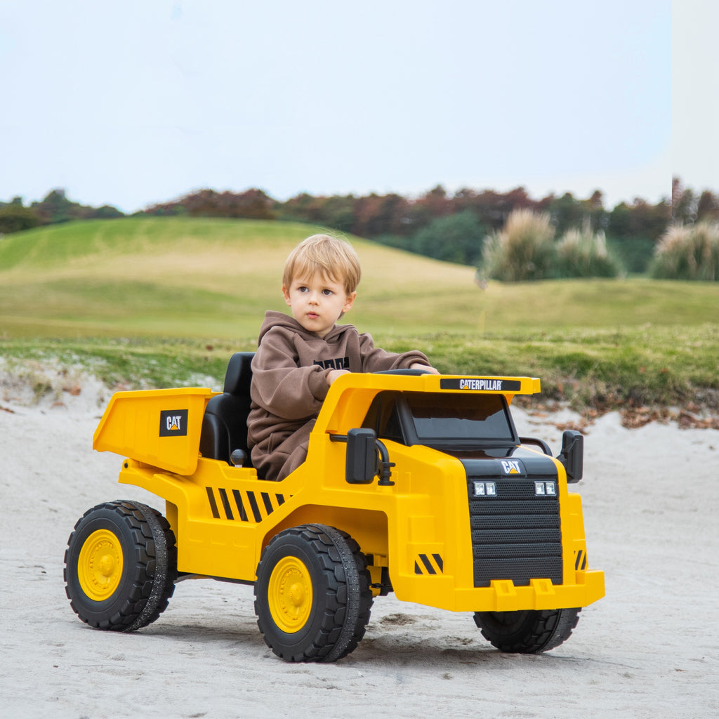 Elektro-Kinderbagger, Caterpillar Kipplaster, 3-5 km/h, mit Fernsteuerung, 3-6 Jahre, Gelb