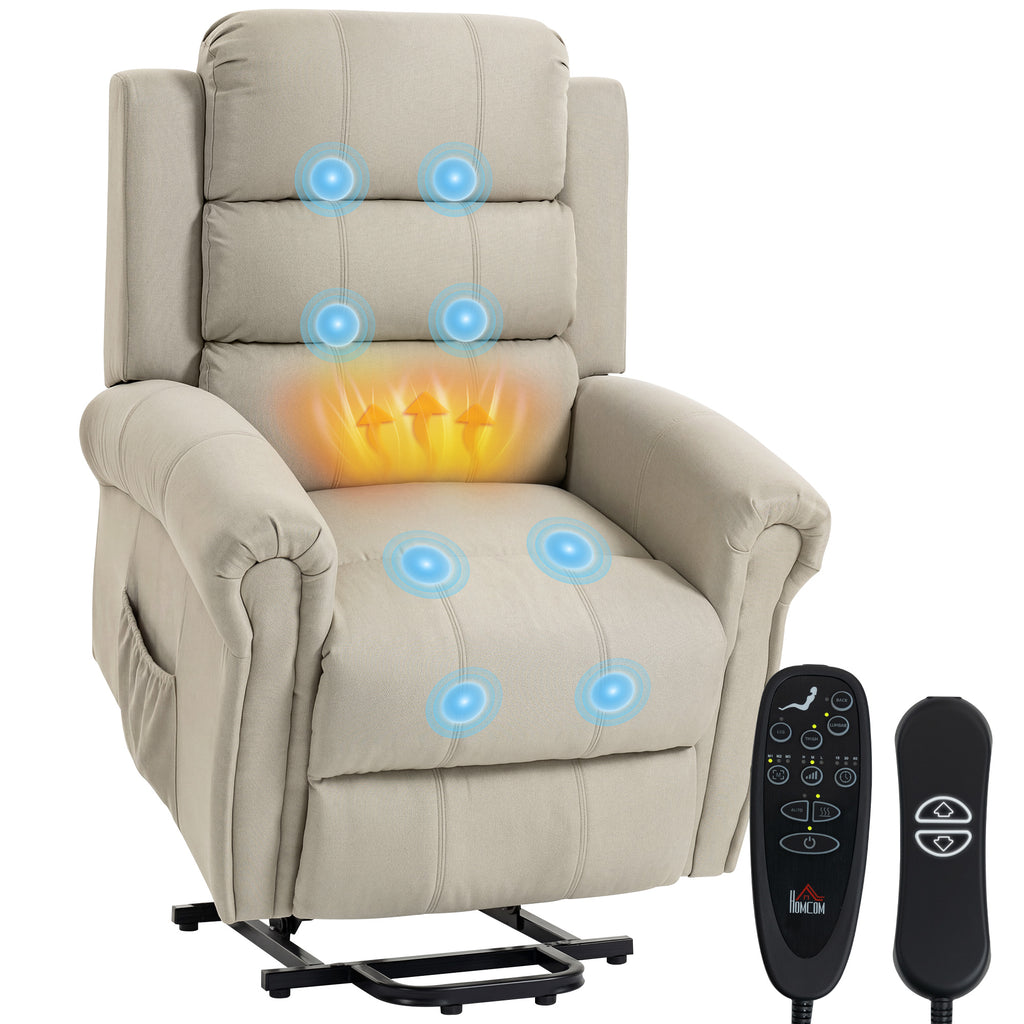 Massagesessel mit Aufstehhilfe, Relaxsessel, Vibrationsköpfe, mit Neigefunktion, Leinenoptik, Beige