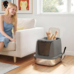 Large Stainless Steel Litter Box, Enclosed Metal Cat Litter Tray with Scoop, Deodoriser Bag, Front-Entry and Top-Exit