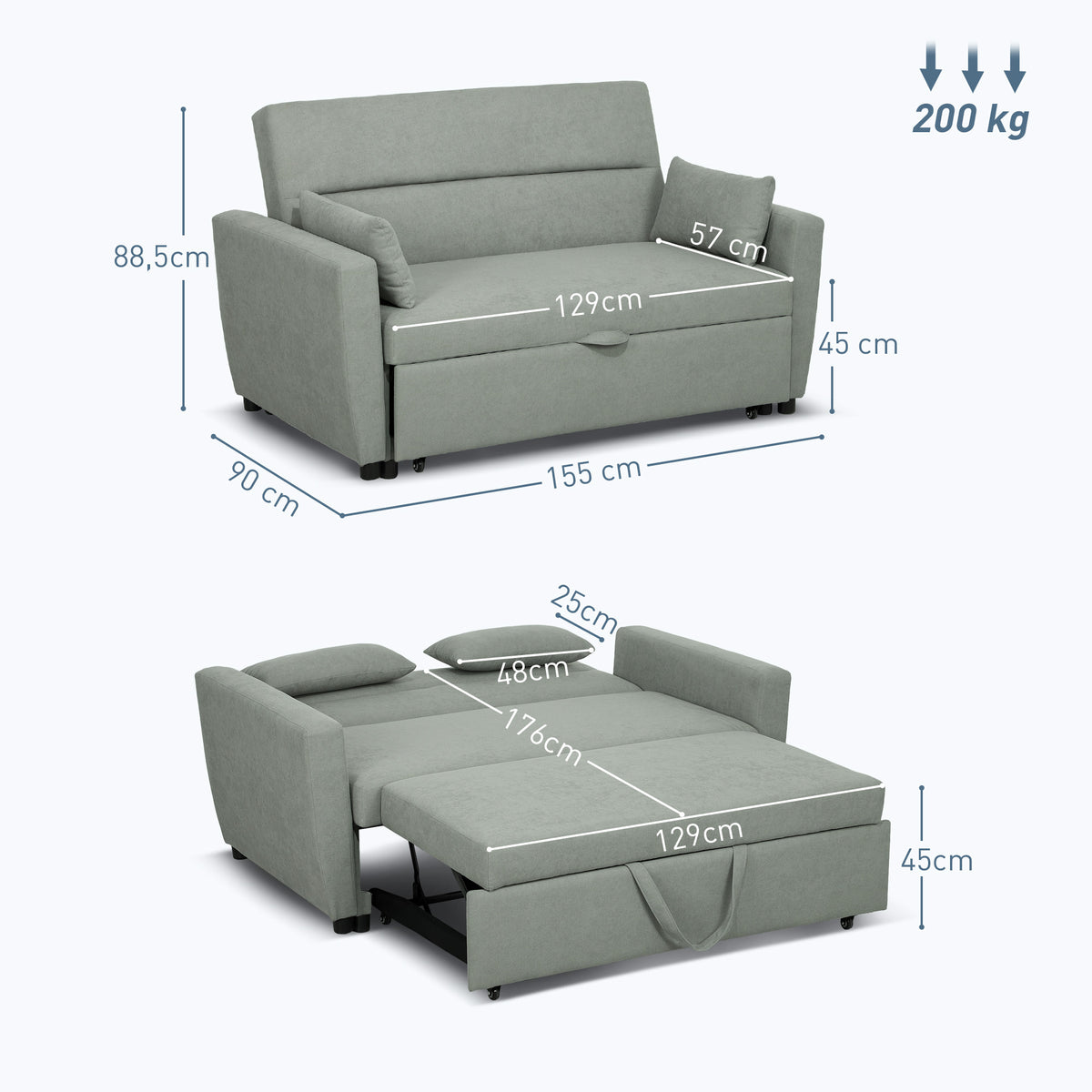 2-Sitzer Sofa mit Bettfunktion, Verstellbarer R¨¹ckenlehne, Polstersofa, Samtoptik, f¨¹r Wohnzimmer, Schlafzimmer, Hellgrau