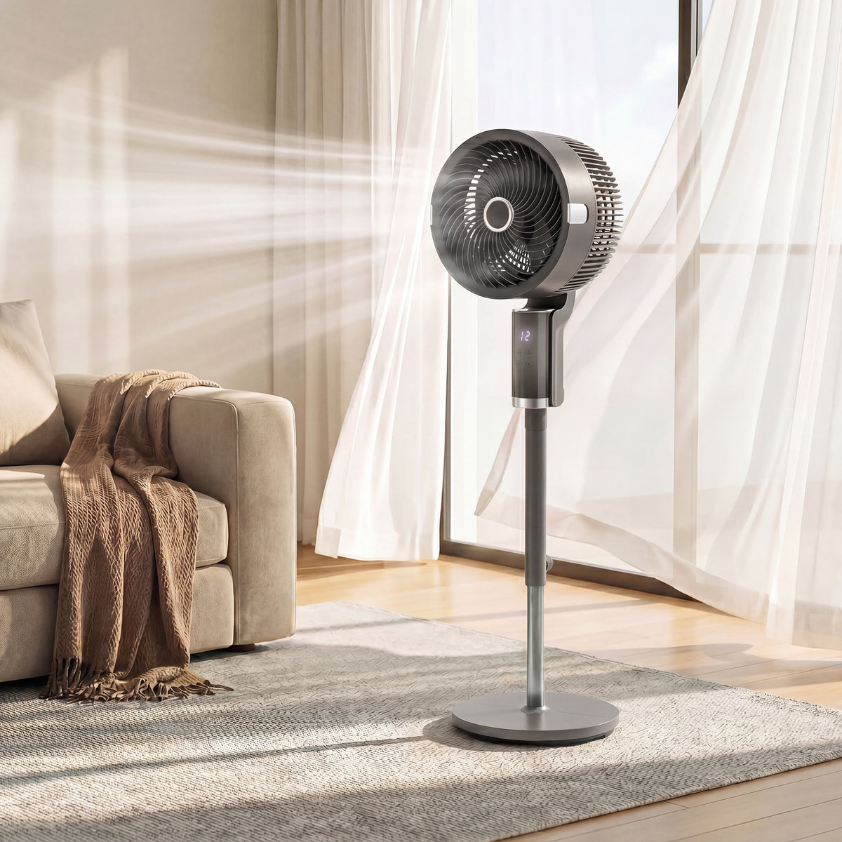 Standventilator Luftzirkulator Lüfter mit 8 Geschwindigkeitsstufen LED-Display Fernbedienung Timer 90° Oszillation Grau