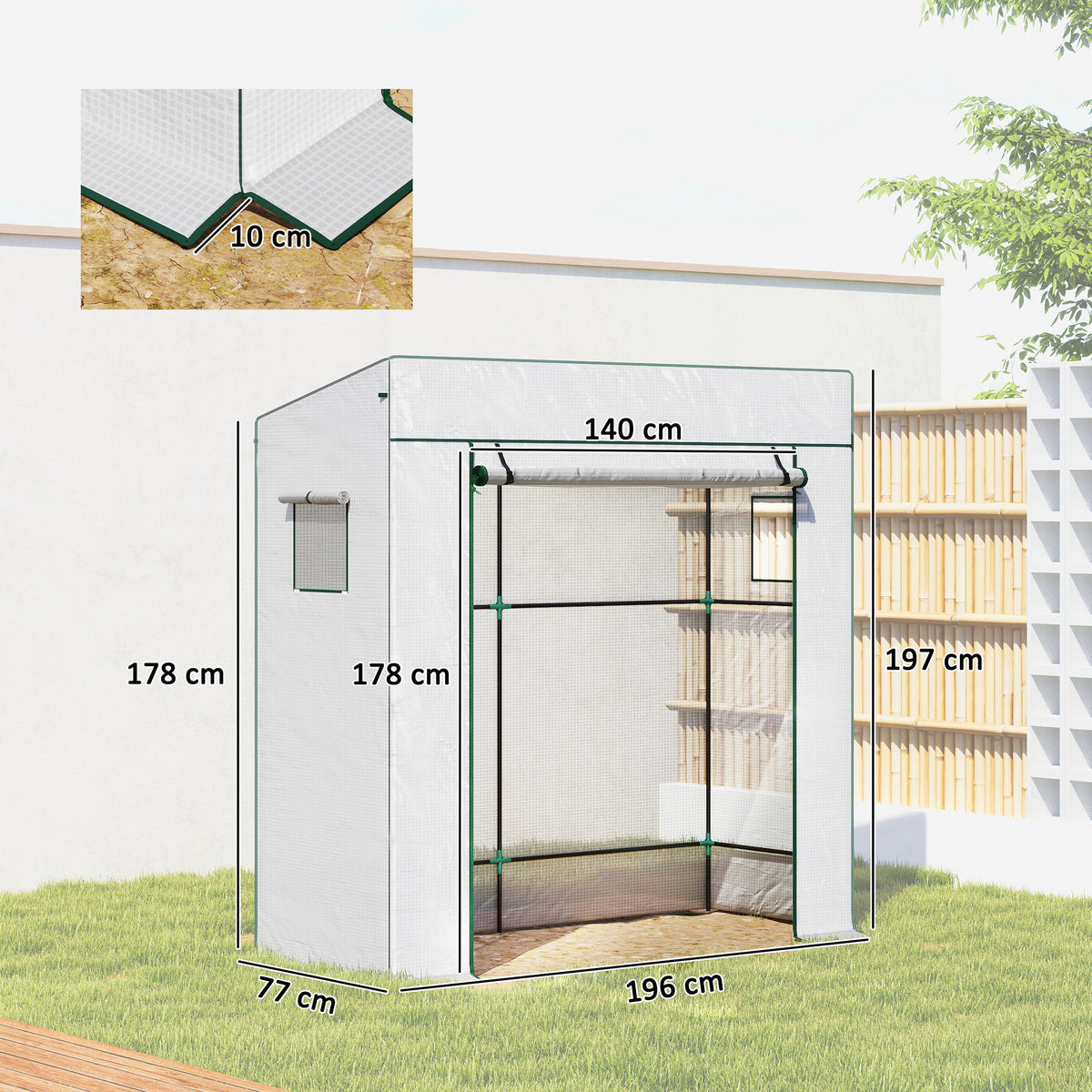 Tomatengewächshaus Rolltor Netzfenster 196 x 77 x 197 cm Weiß