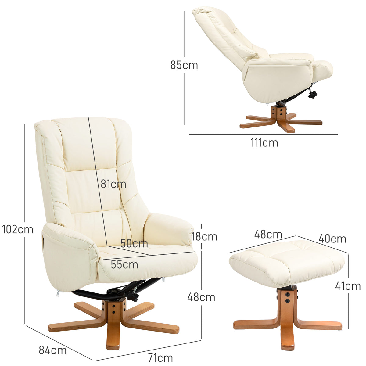Relaxsessel mit Hocker, Liegefunktion, Kunstlederbezug, bis 150 kg, 71 x 84 x 102 cm, Cremeweiß