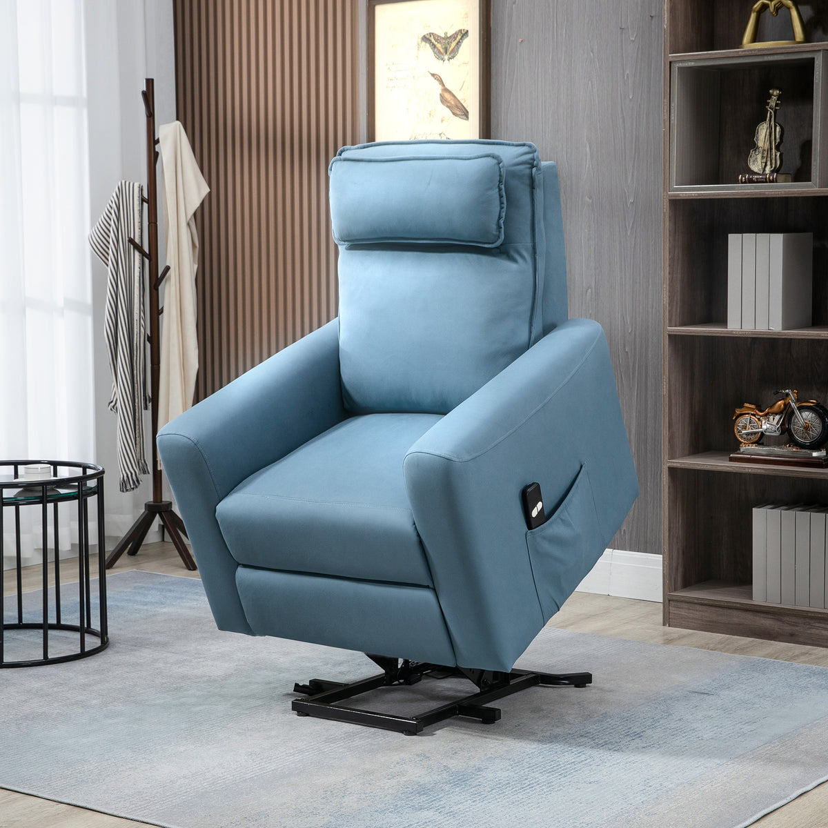 Aufstehhilfe Relaxsessel Fernsehsessel, integrierte Fu?st¨¹tze, Seitentasche, Kabelfernbedienung, 84 x 89,5 x 105 cm,Blau