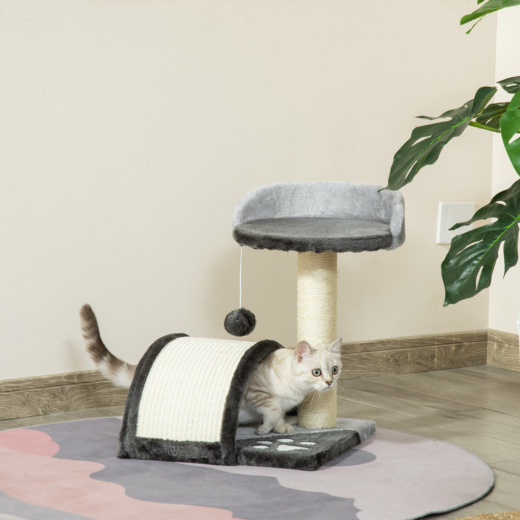 Kratzbaum 46 cm Kleiner Katzenturm mit Höhle, Spielball, Sisal-Seil, erhöhter Plattform, Katzenkratzbaum, Kletterbaum, für Katzen bis zu 4 kg, Dunkelgrau