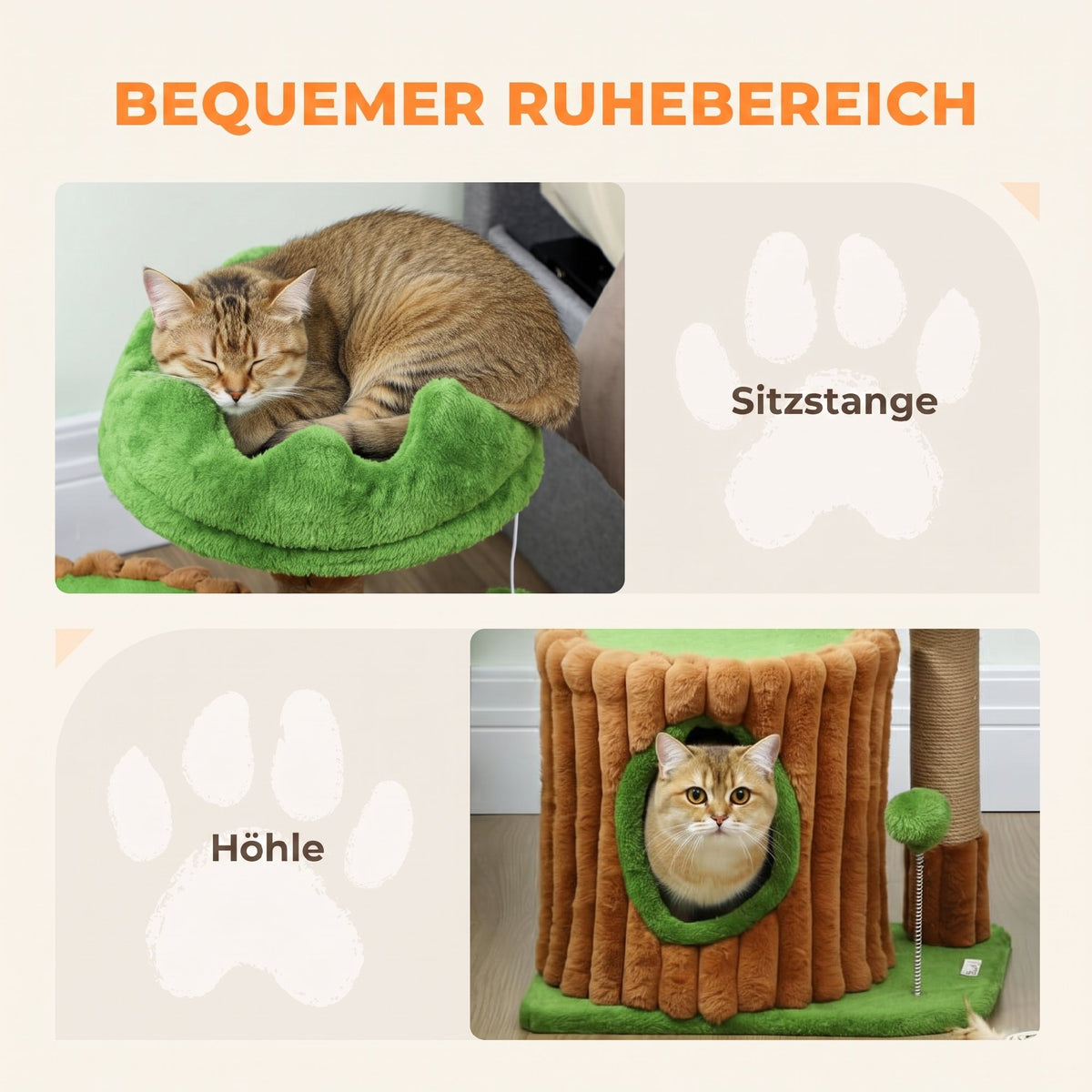 Kratzbaum 53 cm hoch Katzenbaum mit Höhle, Baumstamm-Design, Jutestämme, 2 Bälle für 1-2 Katzen unter 5 kg, Braun+Grün