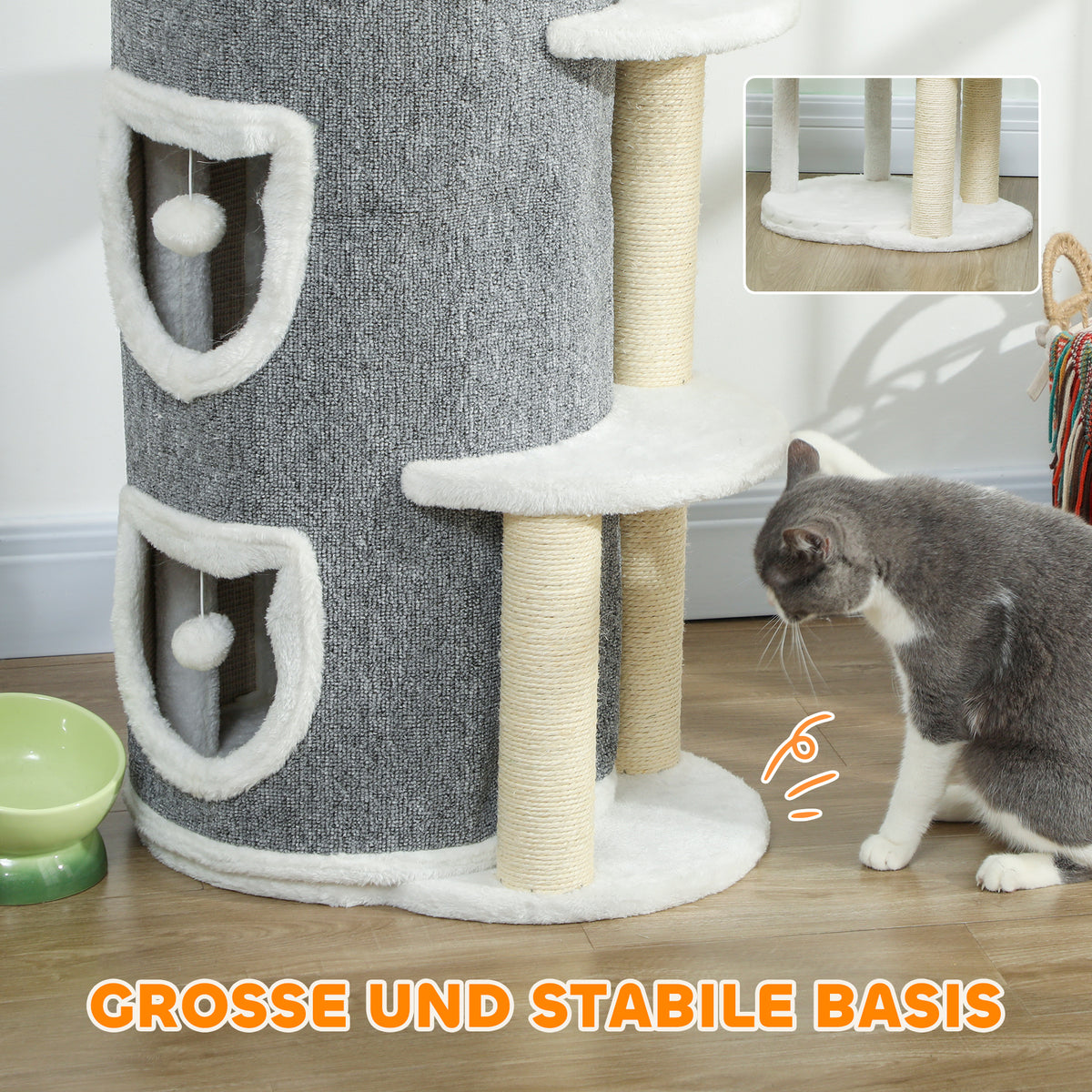 Kratztonne 101 cm hoch für Katze bis 6 kg mit Höhle Spielball Grau