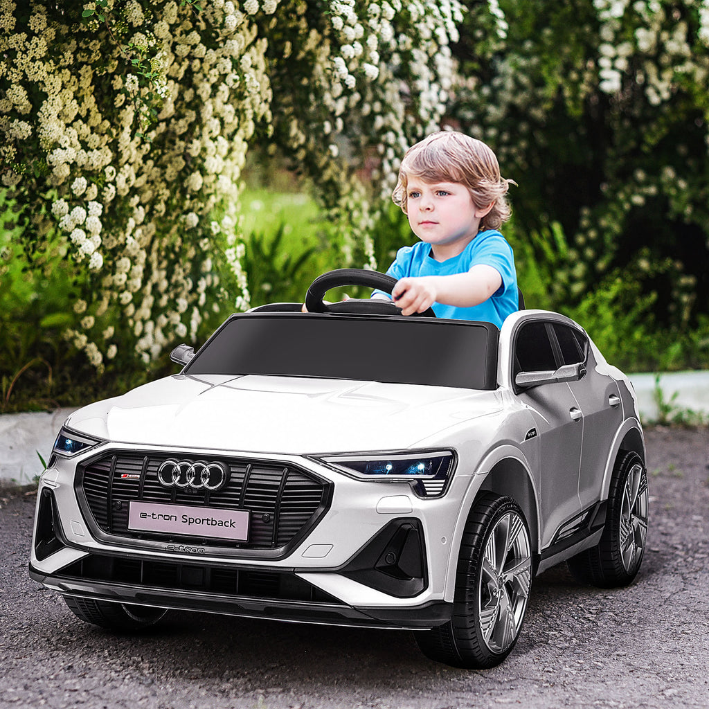 Elektro Kinderauto 12V Audi E-tron Elektrofahrzeug mit Fernbedienung, Sicherheitsgurt und Musikfunktion (MP3/USB/TF), Kinderfahrzeug für 3-5 Jahre, 3-5 km/h, Weiß