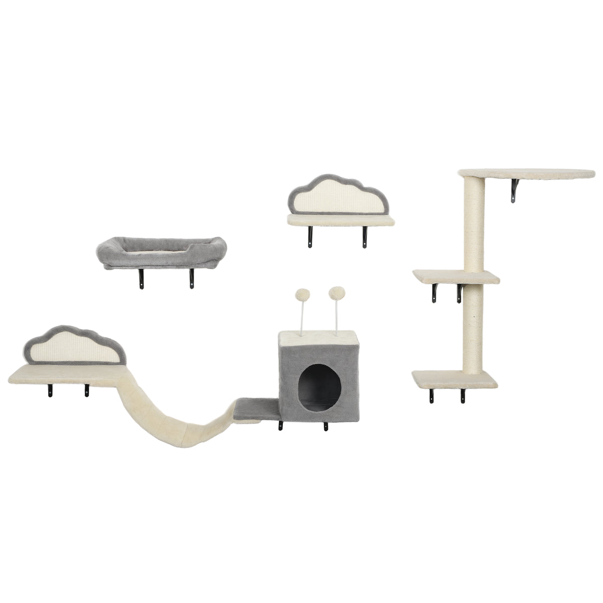 Wandmontiertes Kratzbaum-Set, Sisalkratzflächen, 4 Teile, für 1-3 Katzen, Beige