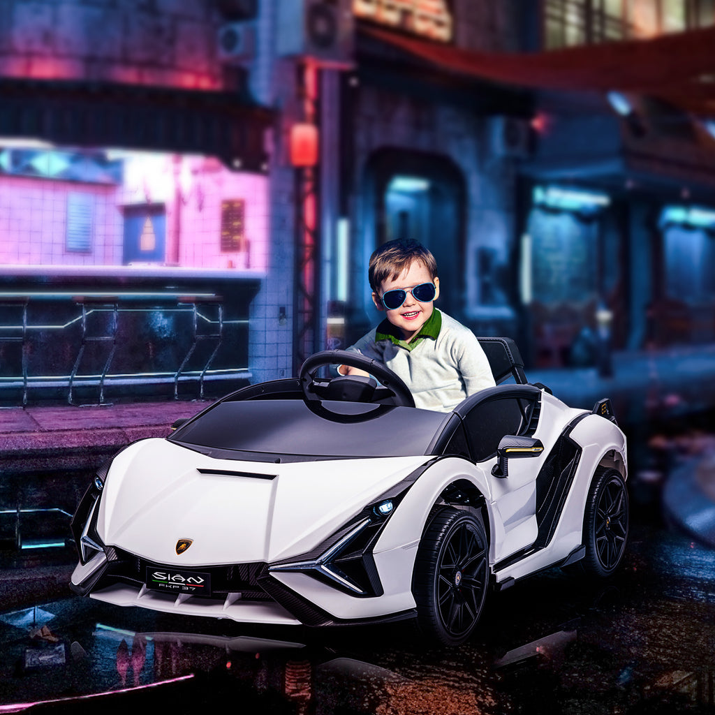 Kinder Elektroauto 12V Kinderauto mit 2,4 G Fernbedienung, 2 Motor, Kinderfahrzeug mit Hupe, LED, Musik, Elektrofahrzeug für 3-5 Jahre Kinder, Weiß