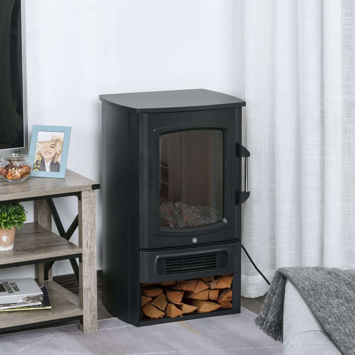 Elektrokamin mit Heizung, elektrischer Kamin mit LED Flammeneffekt, 1000 W/2000 W Dekokamin mit Thermostat, elektrisch Kaminfeuer Kaminofen, Schwarz