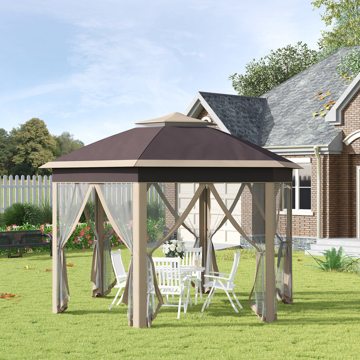 Hexagon Pop Up Gazebo Outdoor Patio Gazebo Double Roof Instant Shelter with Netting, 3 x 4m, Khaki