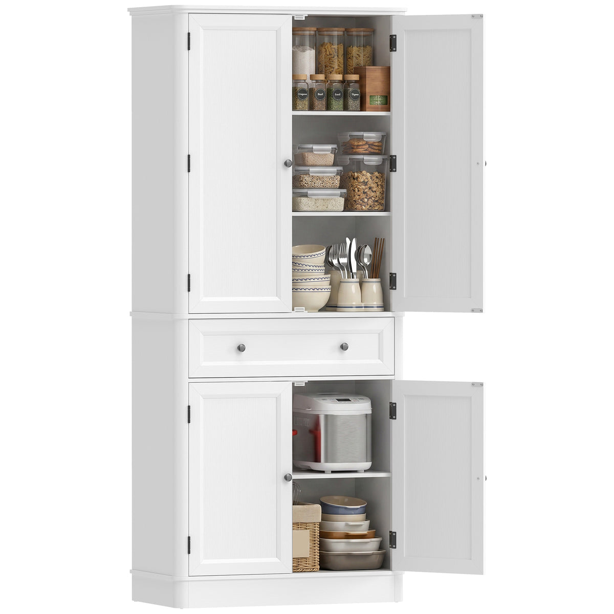 Küchenschrank mit 4 Türen, Schublade und verstellbaren Einlegeböden für Küche, 80 x 39,5 x 186,4 cm Weiß