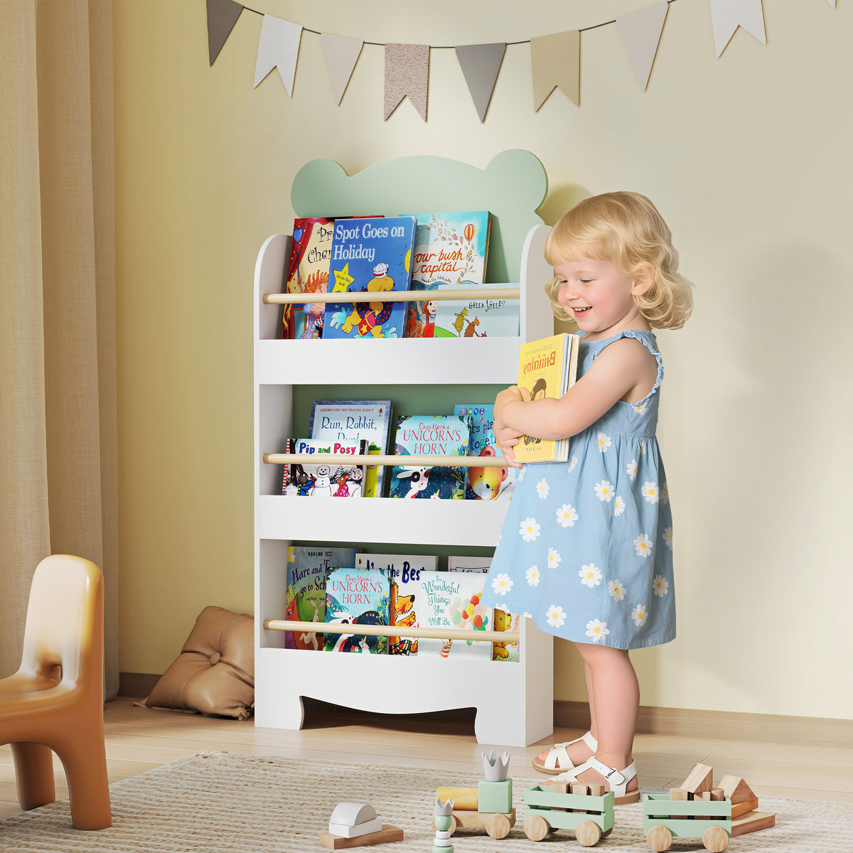 Bücherregal Kinder, 3-stufiges Kinderregal mit Bärenthema für Bücher Spielzeug Kinderzimmer, 55 x 15 x 110 cm, Grün