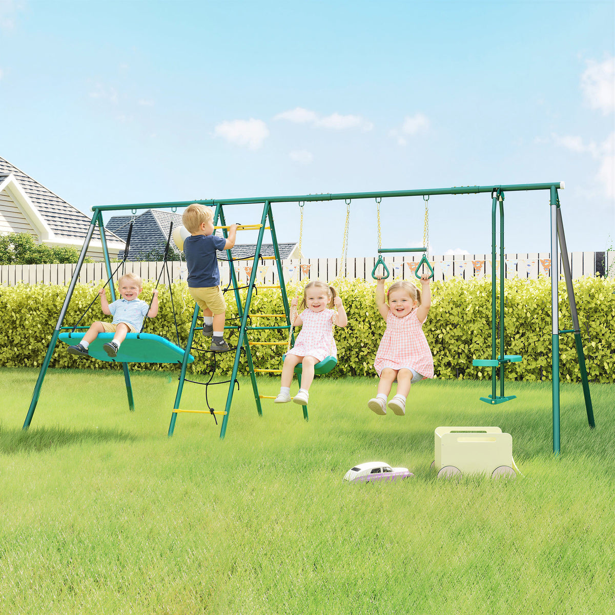 5-in-1 Schaukelgestell mit verstellbarer Nestschaukel Turnringe Doppelsitzer Klettergerüst für 3-8 Jahre 440x175x203 cm