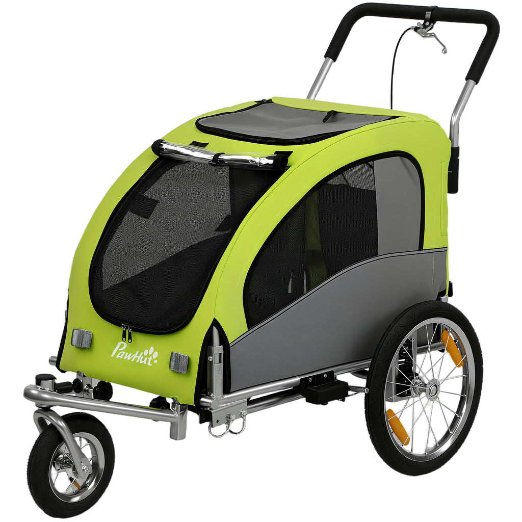2 in 1 Dog Bike Trailer, Foldable Pet Stroller, Dog Bicycle Trailer with Suspension, for Medium Dogs up to 20kg, Green