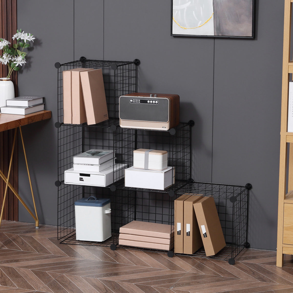 Metallwürfel-Regal, Anpassbarer Würfelschrank für Kleidung, Bücher, Spielzeug, flexibel, 109L x 37B x 109H cm, Schwarz