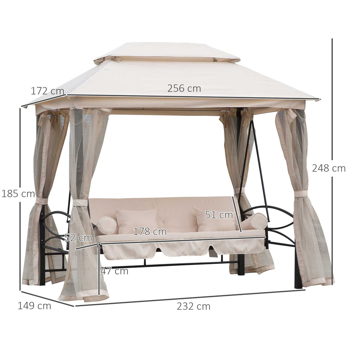  2-in-1 Convertible Gazebo Swing Chair Bed W/Netting, 245Lx165Wx243H cm-Beige/Black