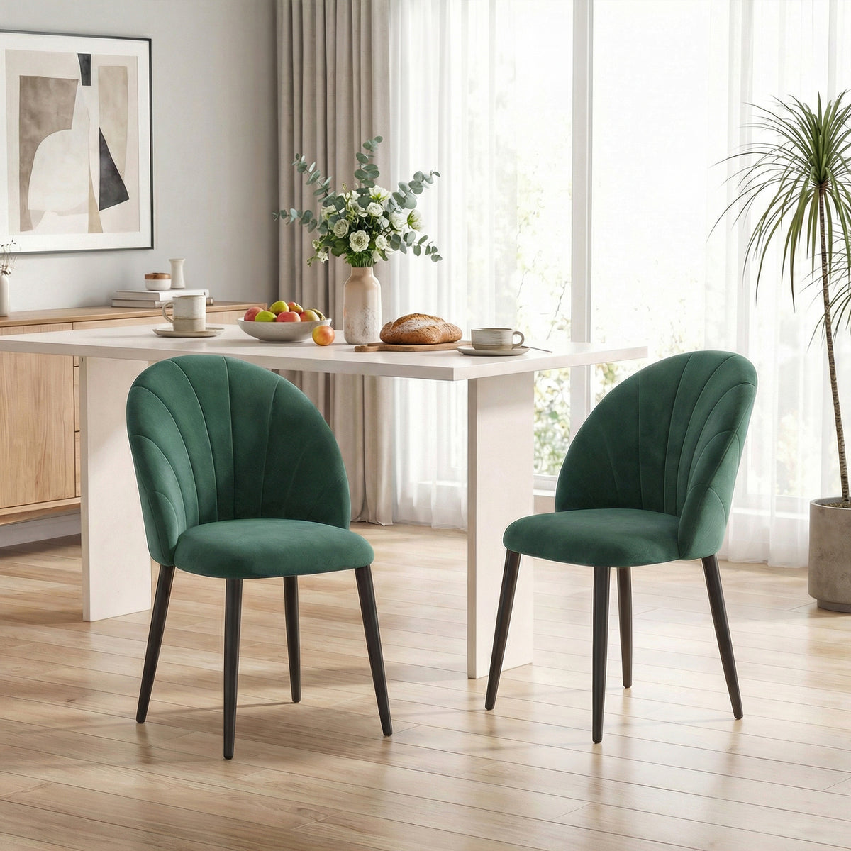 Armless Esszimmerstühle mit gebogener Rückenlehne 2er-Set, Samt-Optik Akzentstühle für Küche, Wohnzimmer, Dunkelgrün