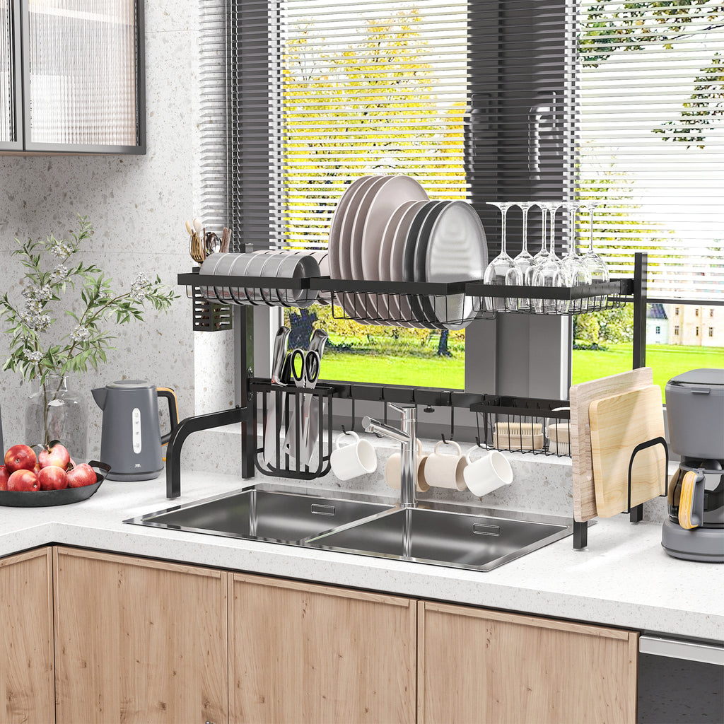 Space Saving 2 Tier Adjustable Dish Drainer Over The Sink Dish Drying Rack, Black