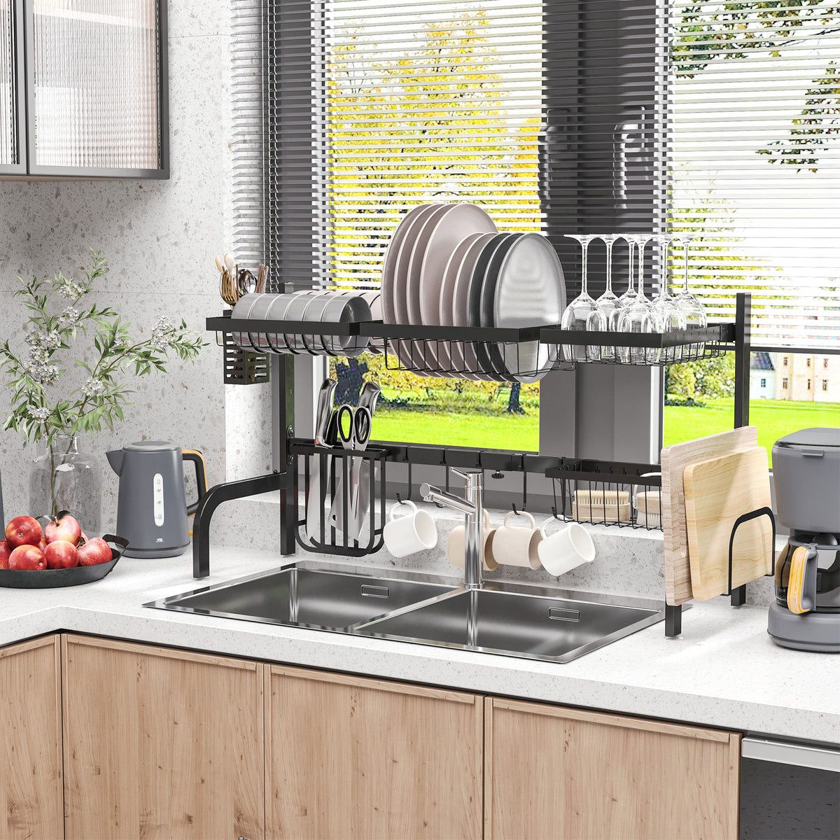 Space Saving 2 Tier Adjustable Dish Drainer Over The Sink Dish Drying Rack, Black