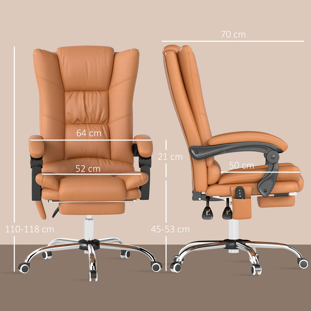 High Back Vibration Massage Office Chair, Heated Reclining PU Leather Computer Chair with 135¡ã Reclining Back and Footrest, Light Brown
