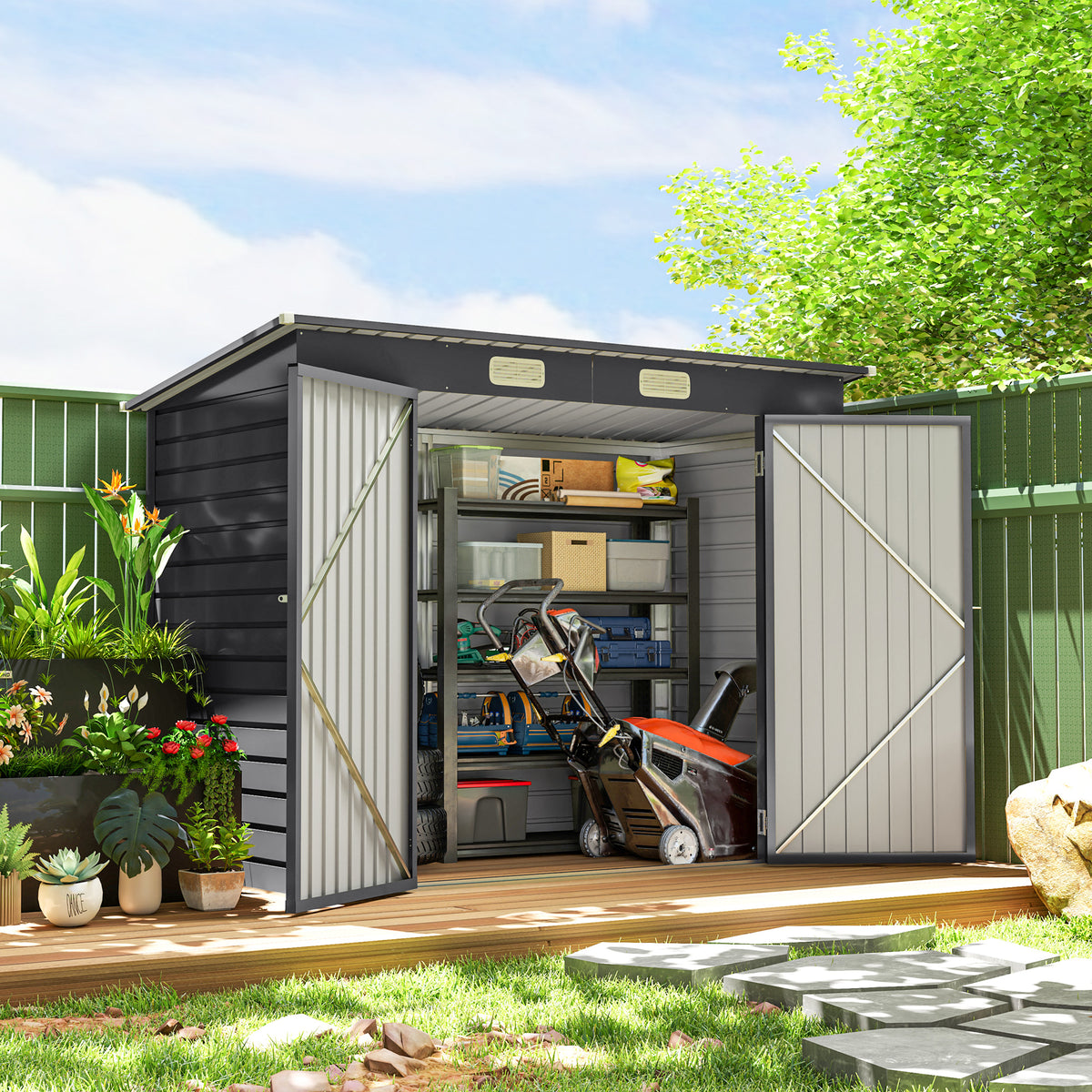 3.7 x 7.9ft Galvanised Steel Shed, with Latched Door and Padlock - Grey