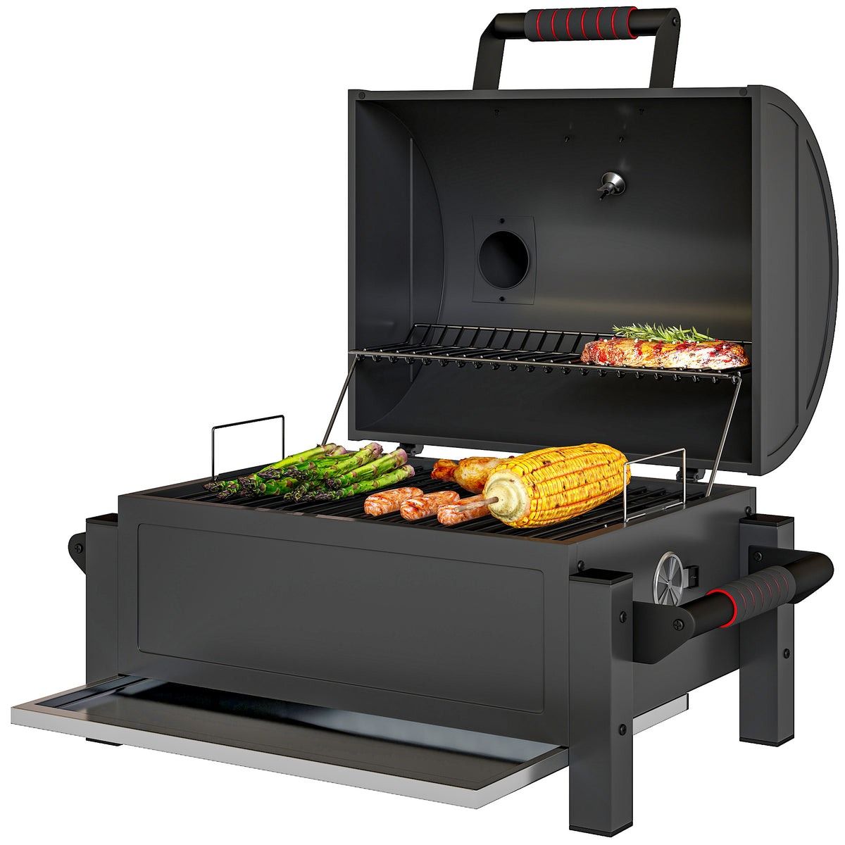 Kohlegrill mit Deckel, Warmhalterost, Aschefach, Thermometer, rostfrei, 67 x 53 x 55cm, Schwarz/Rot