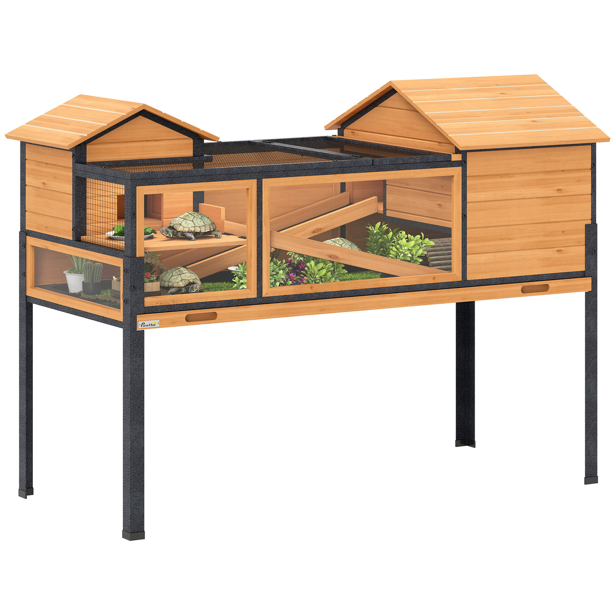 Wooden Tortoise House with Stand Legs, Clear Observation Windows, Ramps, Openable Top, Built-in Tray, Yellow
