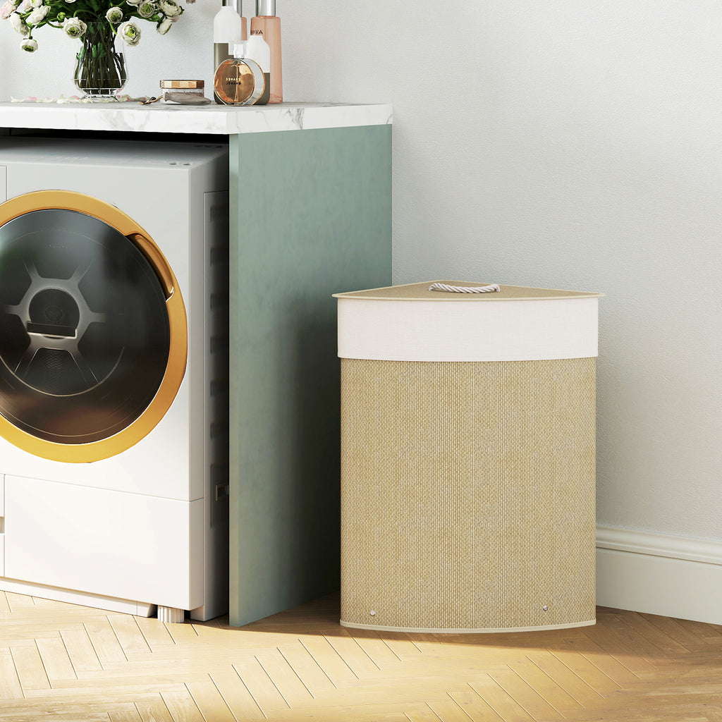 Wäschekorb im Eckdesign, Bambusgeflecht, 55 Liter, Stoffbeutel, Metallrahmen, Creme