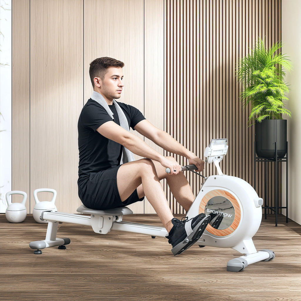 Rowing Machine, 16-Level Magnetic Rower Machine with LCD Monitor and Phone Holder, White