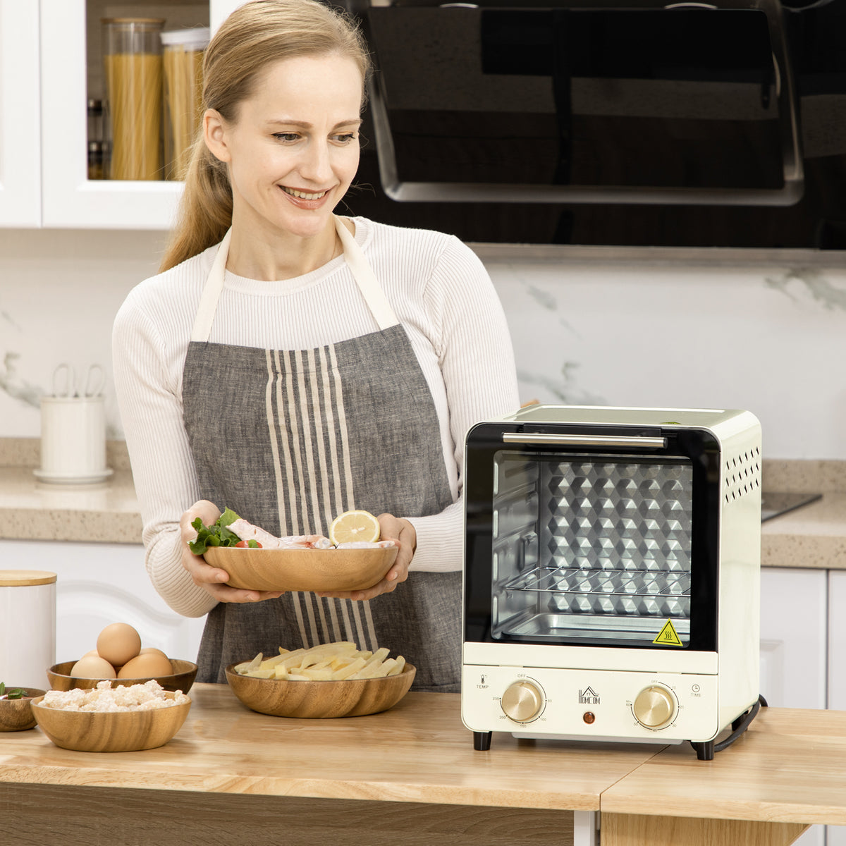 Mini Ofen 15L Fassungsverm?gen, h?henverstellbares Backblech und Gitterrost, 1000W, Cremewei?
