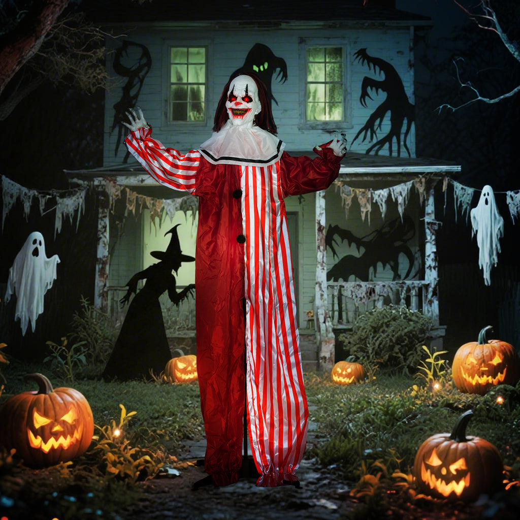 165 cm Life Size Halloween Animated Clown with Red Light Up Eyes, Sound Activated Moving Body, Scary Clown Halloween Decorations, Battery Operated, Indoor Party Props