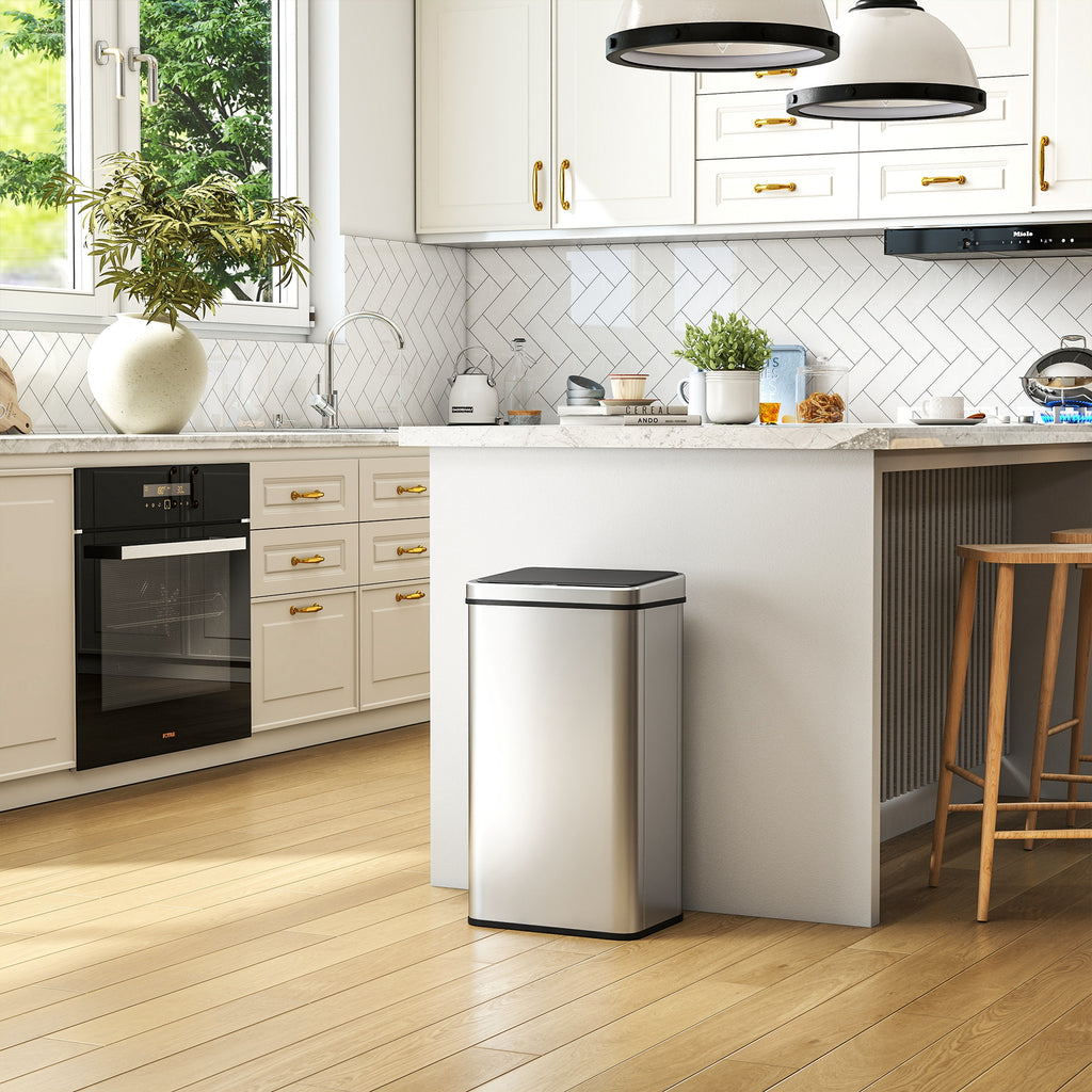 Sensor Mülleimer 50L Edelstahl Automatischer Mülleimer mit Soft-Close-Deckel Bewegungssensor 35,5 x 26 x 67 cm Silber